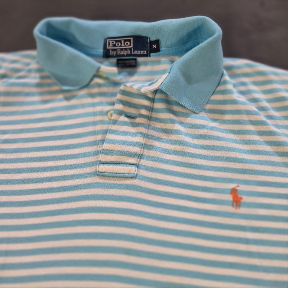 Polo Ralph Lauren Mens Medium Blue White Striped Short Sleeve Polo Shirt Vtg 90s